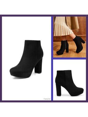 High Chunky Heel Ankle Boots Faux Suede Side Zip Block Heel Booties